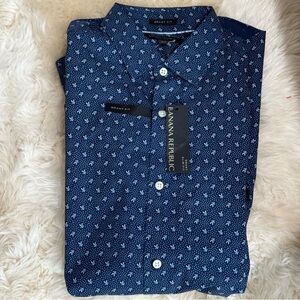 : Banana Republic Camden-Fit Navy Dot Floral 120s Supima Cotton Shirt Size LT